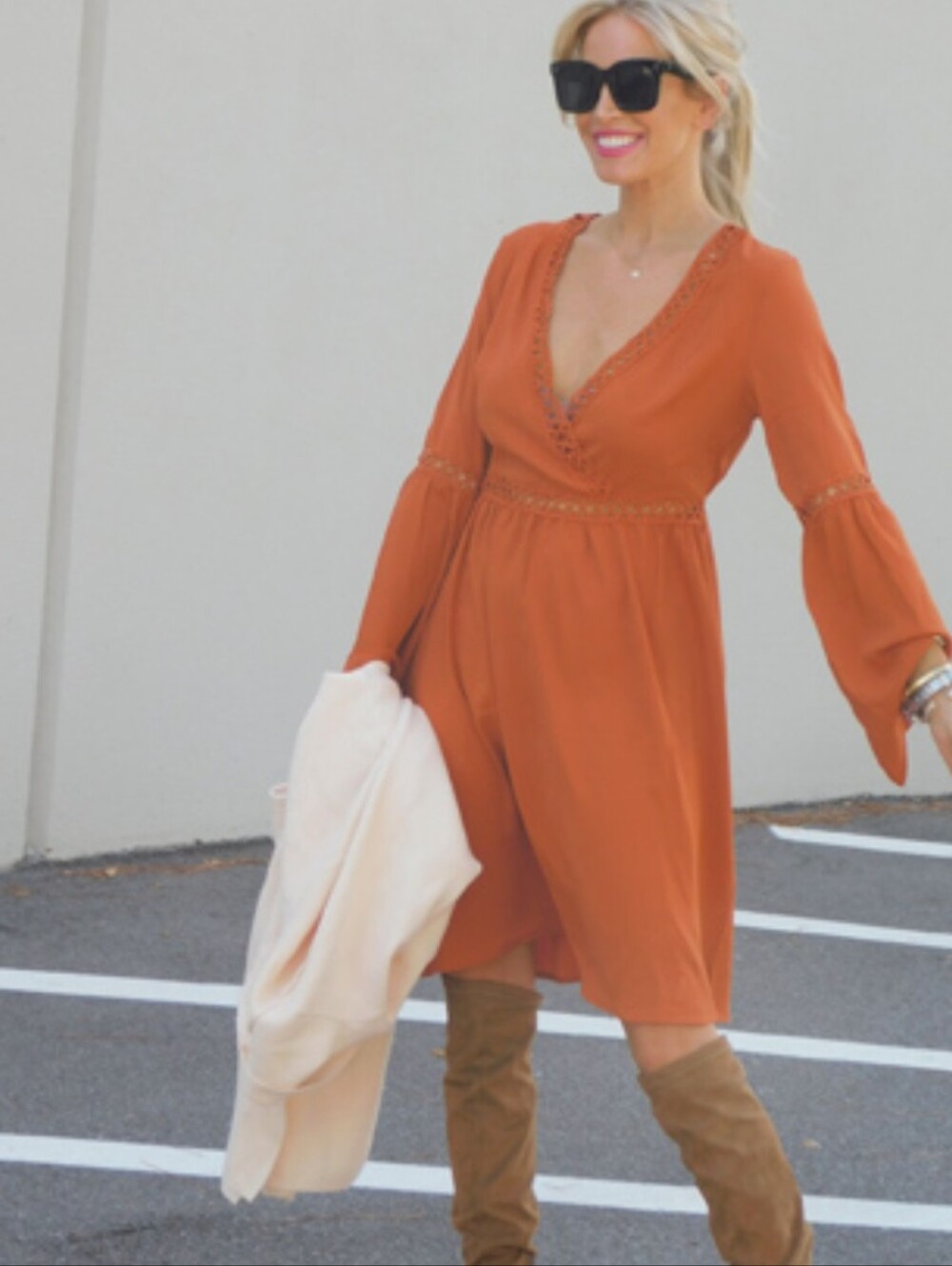 Long-Sleeve Rust Orange V-Neck Midi Dress NWT